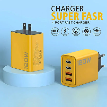 120W 2 USB+2 Type-C 4 Ports Wall Charger Fast Charging EU/US/UK Plug Power Adapter For Xiaomi iPhone Samsung Huawei Phone/Tablet