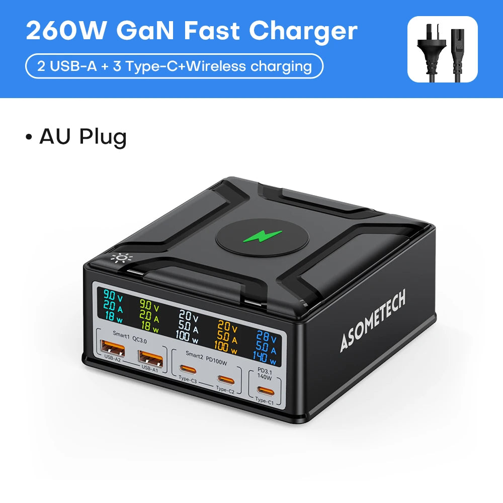 260W GaN USB C Charger PD3.1 140W USB Type C Fast Charger For Mackook Pro Tablet iPhone 14 Samsung Xiaomi Wireless Charger