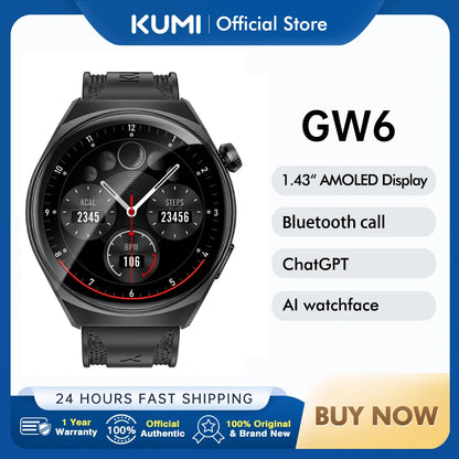 KUMI GW6 Smart Watch with ChatGPT AI Assistant, 1.43" AMOLED Display, Bluetooth Call, 100+ Faces, Fitness Tracker,  Waterproof