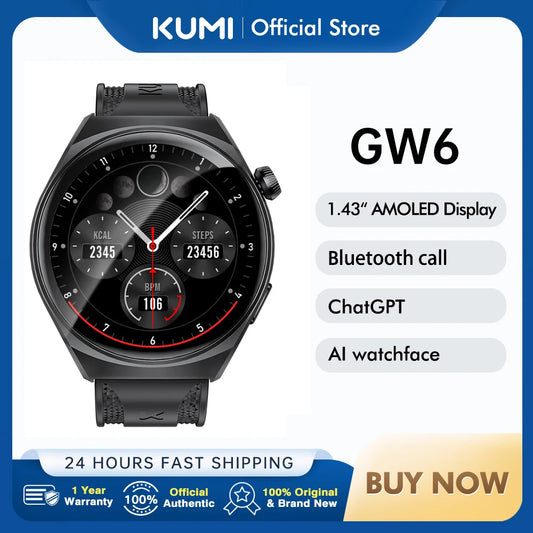KUMI GW6 Smart Watch with ChatGPT AI Assistant, 1.43" AMOLED Display, Bluetooth Call, 100+ Faces, Fitness Tracker,  Waterproof