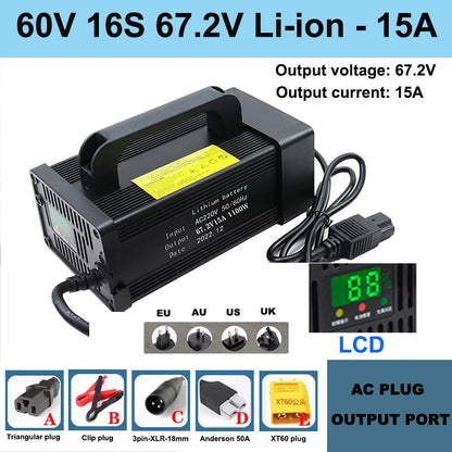 NEW 60V Lithium Battery Charger 67.2V 16S 5A 8A 10A 12A 15A 20A High-power Smart Band Display Rapid Charging Metal Shell