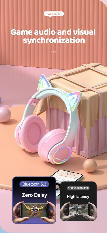 Gradient Wireless Headphones RGB Cat Ear Bluetooth Headphones With Microphone Stereo Music Game Earphone For Girls Kids Gifts - Universal Market