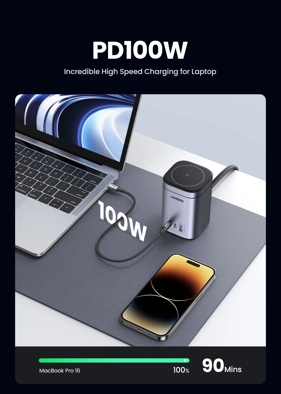 UGREEN GaN 100W Desktop Charger MFi Magnetic Wireless Charger for iPhone 17 16 15 Fast Charger Power Station for Laptop Notebook