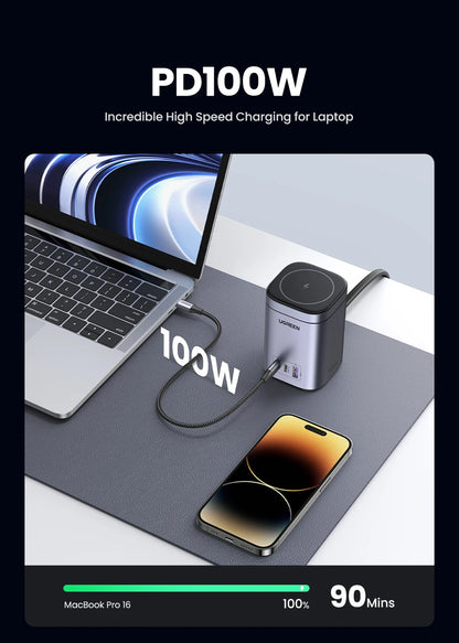 UGREEN GaN 100W Desktop Charger MFi Magnetic Wireless Charger for iPhone 17 16 15 Fast Charger Power Station for Laptop Notebook