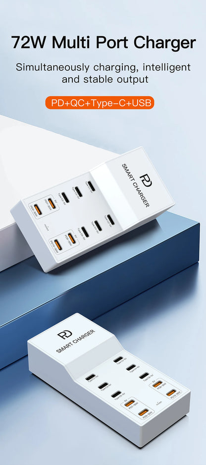 AIXXCO 72W 8 Ports PD QC3.0 USB C Fast Charger Type c Wall Adapter Super Fast Charging For Iphone Samsung Ipad Xiaomi