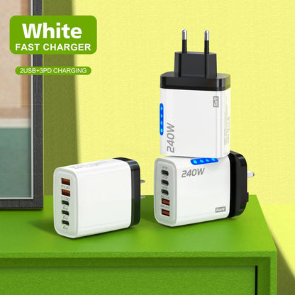Xiaomi 240W QC3.0 PD 5 Ports GaN Fast Charger EU/US Plug Phone Charging Head Adapter with LED Light for iPhone Samsung Xiaomi