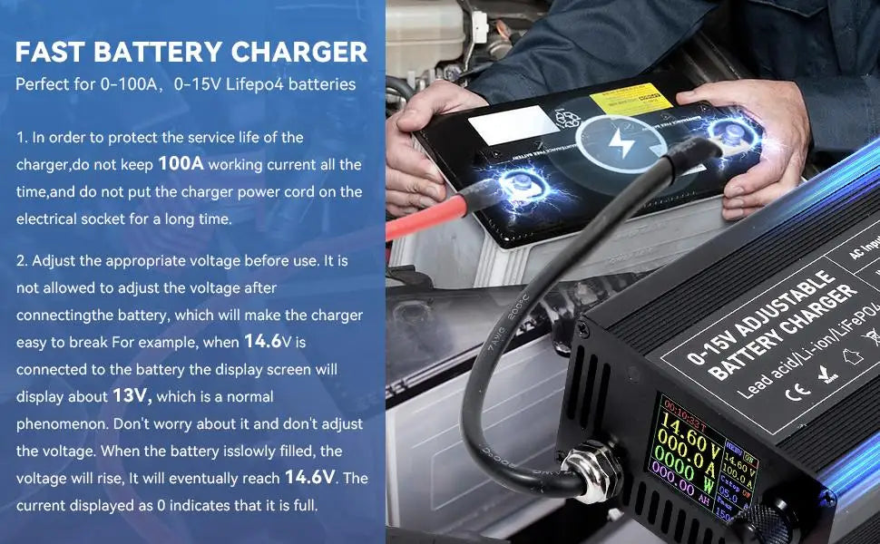 12V LiFePO4 Battery  60A 100A Anti reverse connectionAdjustable voltage and current Fast  Large Screen Display Charger