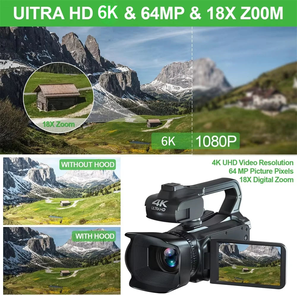 Full 6K Camcorder 64MP Youtuber Professional Digital Video Camera Streaming Auto Focus Photography Vlog Recorder 4" Touch Screen - Universal Market