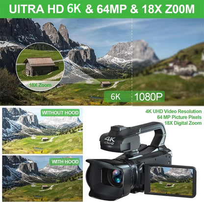 Full 6K Camcorder 64MP Youtuber Professional Digital Video Camera Streaming Auto Focus Photography Vlog Recorder 4" Touch Screen - Universal Market