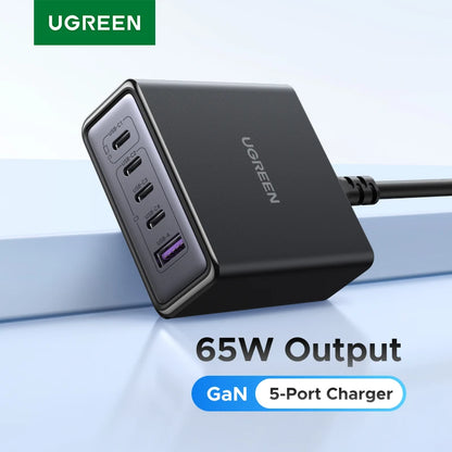 UGREEN 65W GaN Charger PPS QC4.0 PD3.0 5 IN 1 Desktop Charging Station For Phone 16 15 14 Pro Xiaomi Samsung Tablet Macbook Air