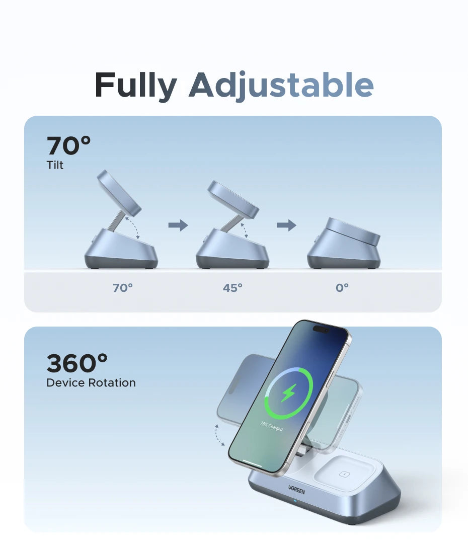 UGREEN Qi2 25W MAX Magnetic Wireless Charger Stand 3- in-1 Charging For iPhone 17 Pro Max/AirPods 4 For MagSafe Fast Charger
