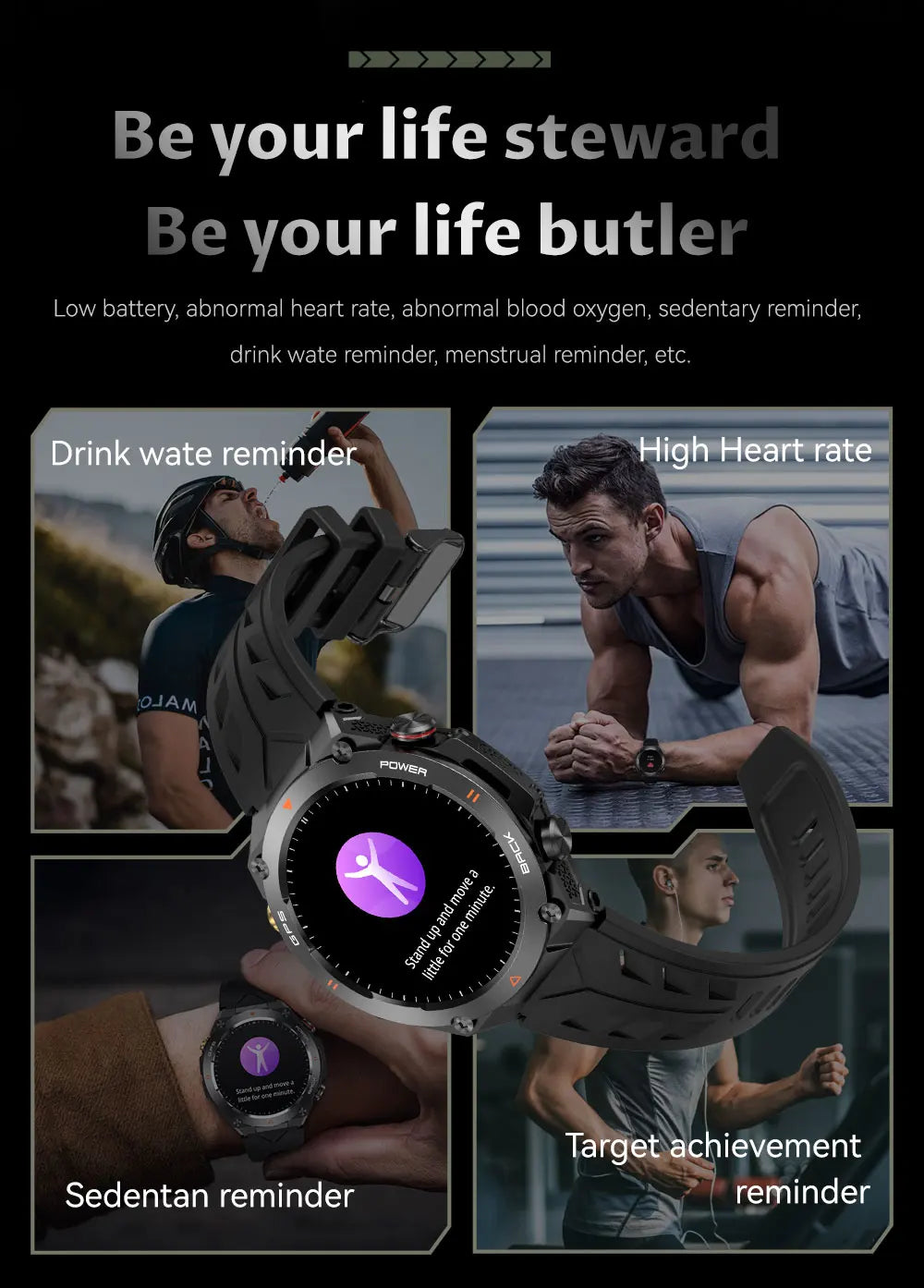 TLCRETE Men Outdoor Smartwatch Stainless Steel BT Call 650mAh Built-In GPS AI Voice Assistant 1ATM Waterproof Smart Watch KC82
