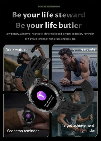 TLCRETE Men Outdoor Smartwatch Stainless Steel BT Call 650mAh Built-In GPS AI Voice Assistant 1ATM Waterproof Smart Watch KC82