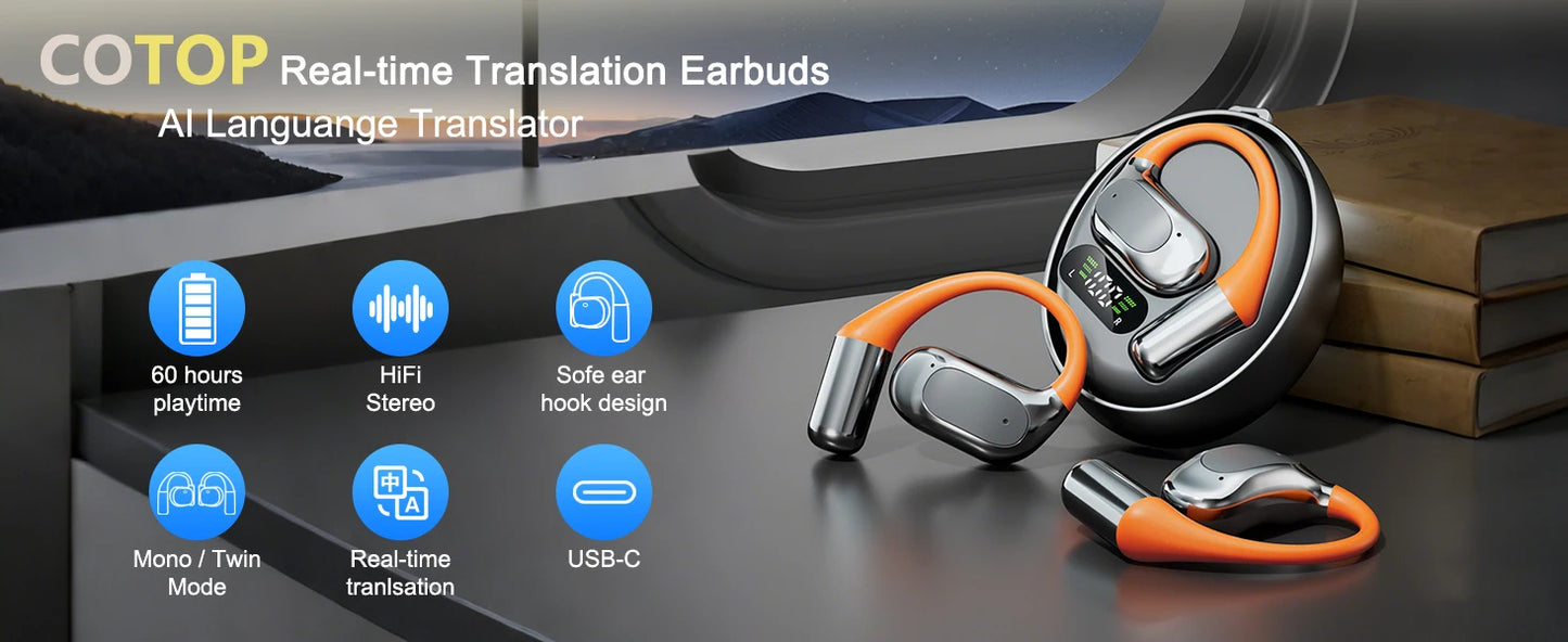 AI Translator Clip-on Headphones 144 Languages Real Time Two-Way Translation Earphones Stereo Sound Wireless Bluetooth Headsets - Universal Market