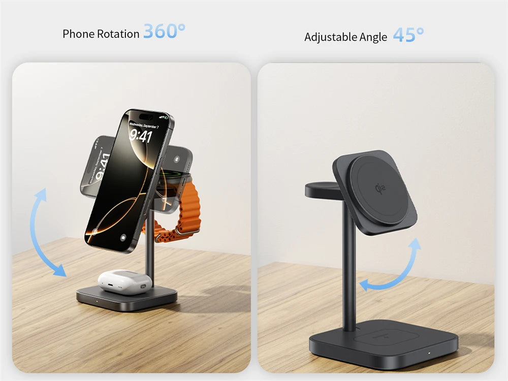 LULULOOK Qi2 3 in 1 Wireless Charging Station,Aluminum 15W Fast Mag-Safe Charger Stand for iPhone 17 16 15 14,5W for Apple Watch