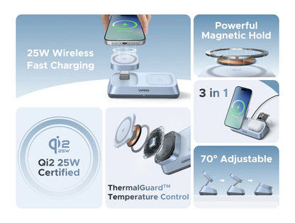 UGREEN Qi2 25W MAX Magnetic Wireless Charger Stand 3- in-1 Charging For iPhone 17 Pro Max/AirPods 4 For MagSafe Fast Charger