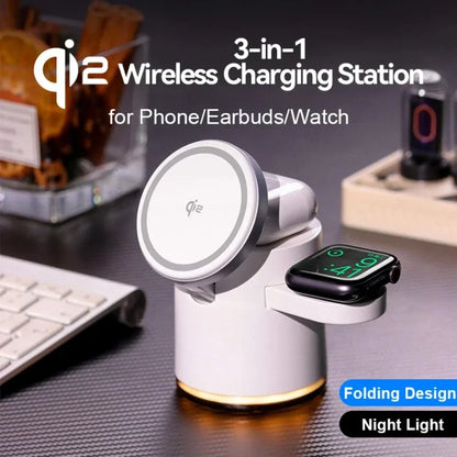2025 New Qi2 Wireless Charger 3-in-1 Fast Charging Station Stand Folding Holder for iPhone 16 15 14 Pro Max Airpods Apple Watch