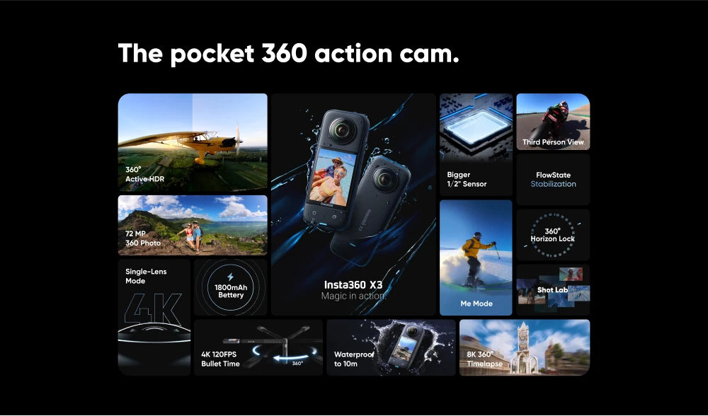 Insta360 X3 - Waterproof 360 Action Camera with 1/2" 48MP Sensors, 5.7K 360 Active HDR Video, 72MP 360 Photo, 4K Single-Lens