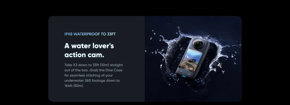 Insta360 X3 - Waterproof 360 Action Camera with 1/2" 48MP Sensors, 5.7K 360 Active HDR Video, 72MP 360 Photo, 4K Single-Lens