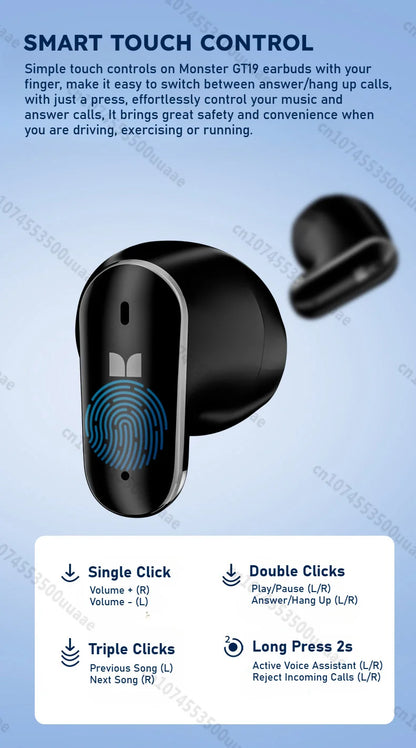 Monster AURA FIT GT19 Mini Invisible Earbuds Half in-Ear Bluetooth Headphone IPX5 Waterproof Wireless Sports Earphones with Mic - Universal Market