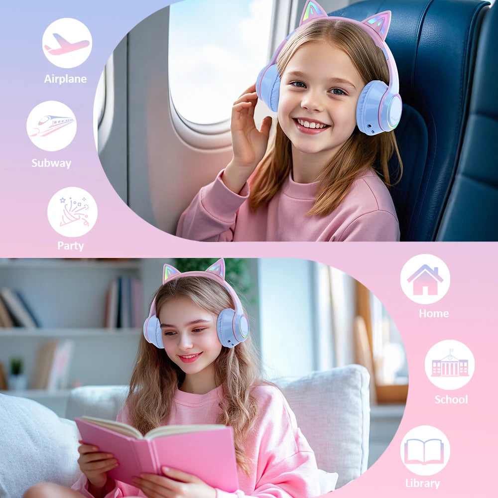 Gradient Wireless Headphones RGB Cat Ear Bluetooth Headphones With Microphone Stereo Music Game Earphone For Girls Kids Gifts - Universal Market