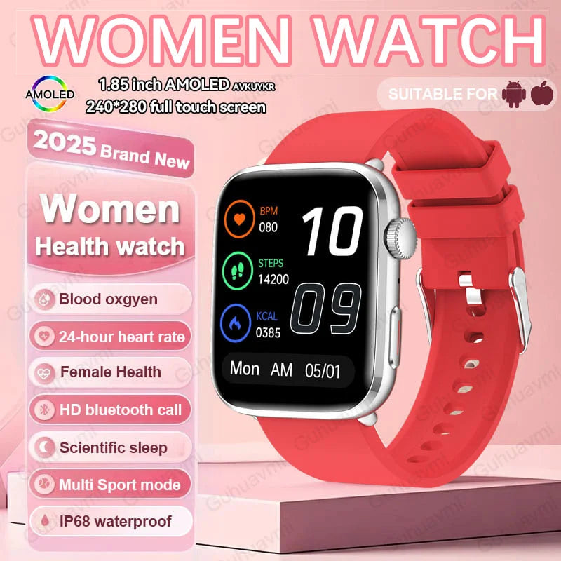 2025 AI Diagnosis NFC Smart Watch Women 1.85 inch AMOLED Blood pressure Heart Rate Temperature BT call Smartwatches Men For IOS