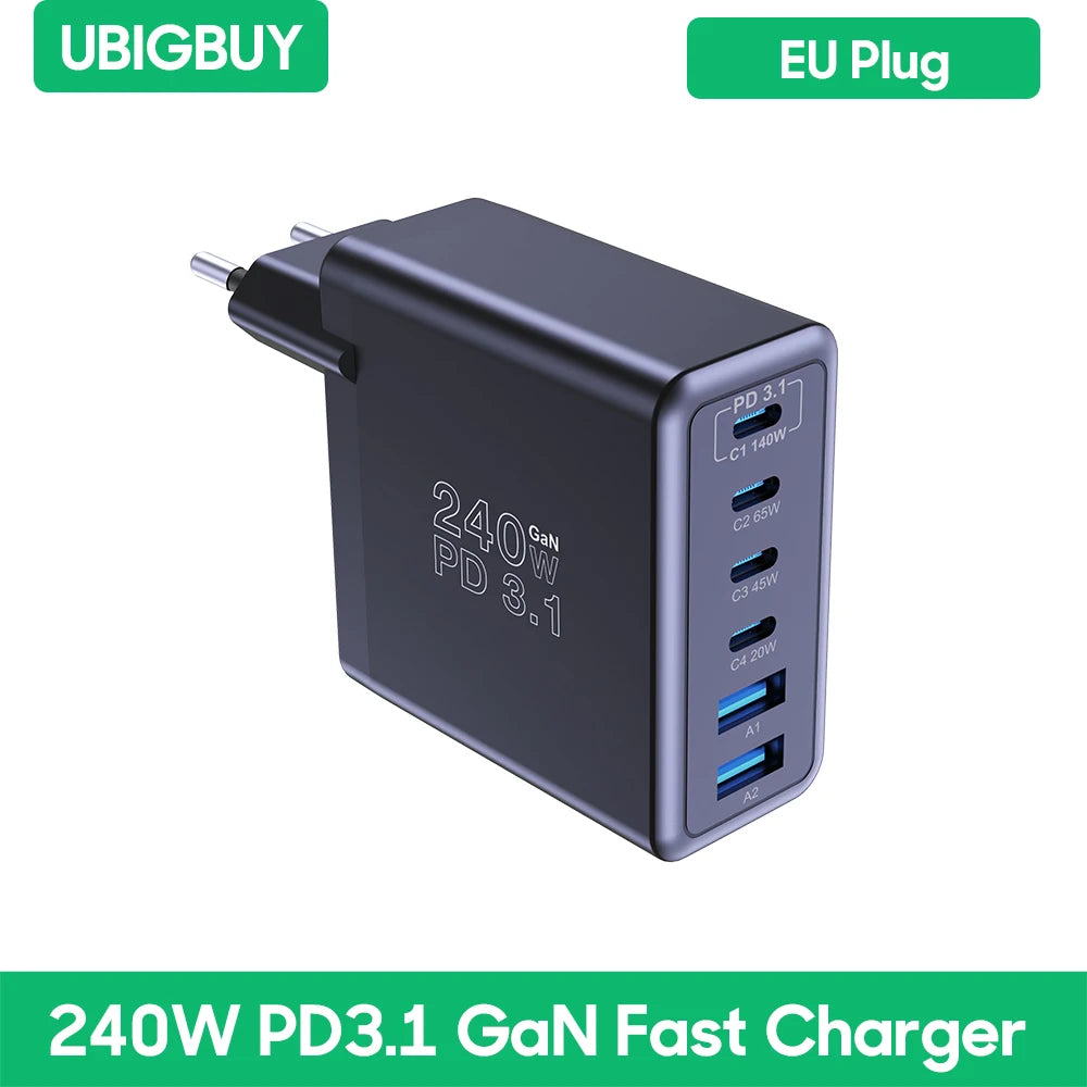Ubigbuy 240W GaN Charger Fast Charging 140W PD3.1 PPS USB Type C Phone Quick Charger for MacBook Pro iPhone 16 Samsung Laptops