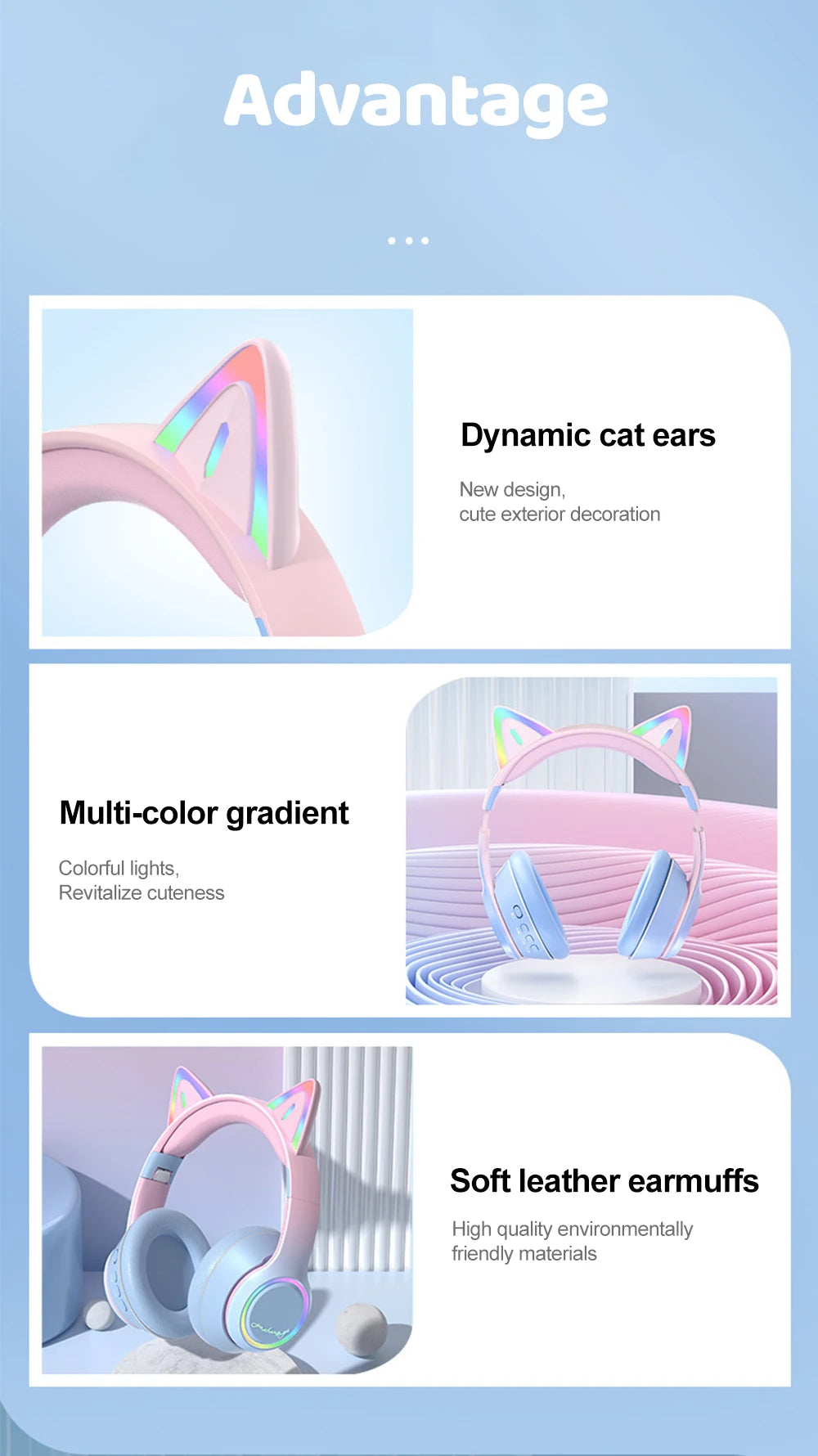 Gradient Wireless Headphones RGB Cat Ear Bluetooth Headphones With Microphone Stereo Music Game Earphone For Girls Kids Gifts - Universal Market