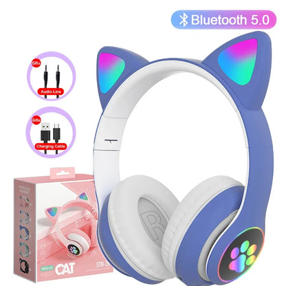 Flash Lamp Cute Cat Ears Headphone Bluetooth5.0 Stereo With Mic Support TF Card Wireless Kids Girl Earphone Birthday Gift - Universal Market