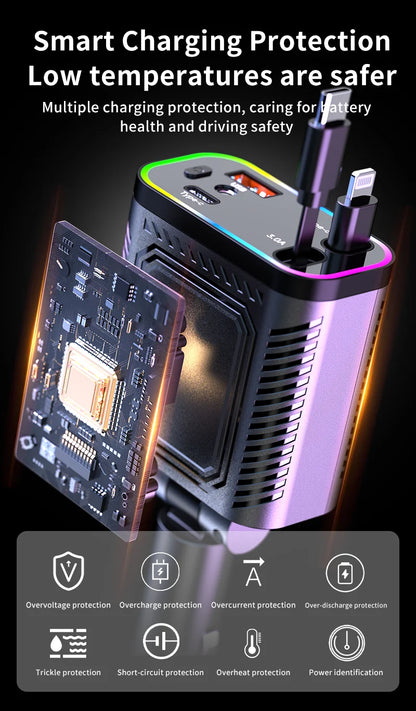 4 in 1 120W PD 33W Car Charger Retractable Car Cigarette Lighter Adapter Star Light Lighting Type C 70cm Charger Cable for Phone