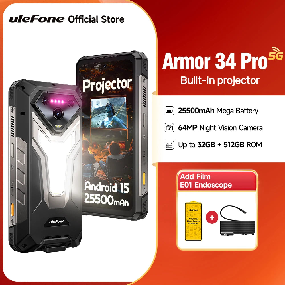 Ulefone Armor 34 Pro 5G AI 25500mAh Rugged Phone Smartphone Android 15 32GB+512GB Built-in DLP Projector 6.95" NFC Mobile Phone