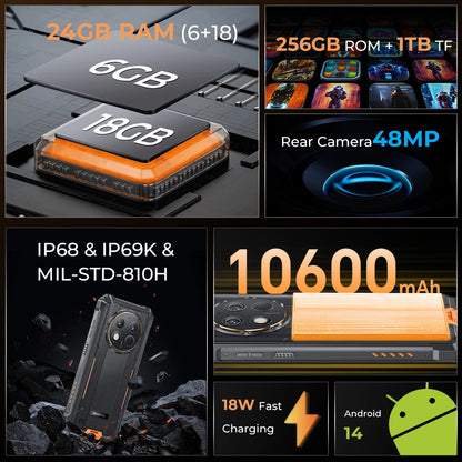 Oukitel G1 Rugged smartphone 6.52‘' HD+ 10600mAh 24GB+256GB Android14 48MP Camera cell phone