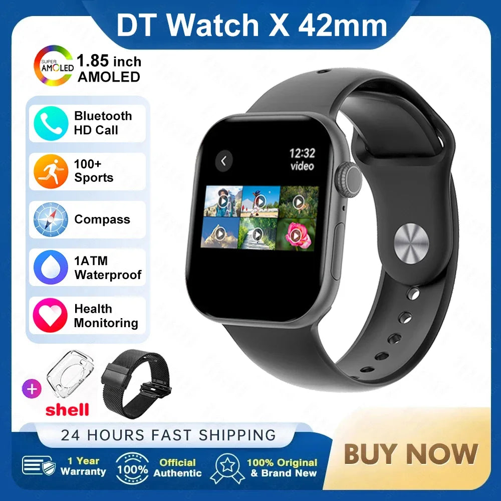 For Apple DT Watch X Mini Smart Watch 3D Menu Video AI Voice NFC Sports Record Health Test 1.85 Inch AMOLED Women Smartwatch