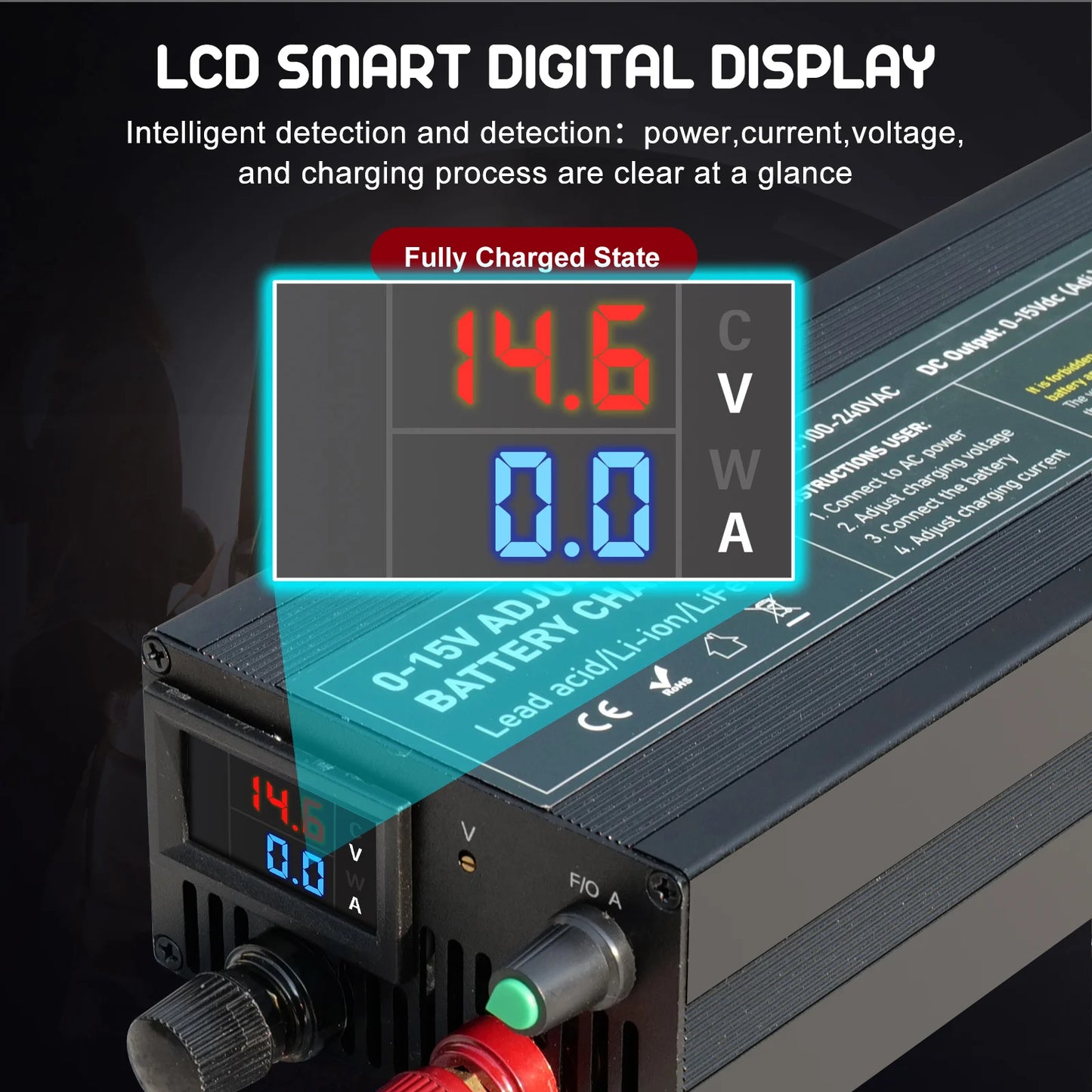Lifepo4 Charger 12V 60A 100A Lithium Battery Charger 110V-240V Input 0-15V Adjustable Quick Fast Adapter for Lifepo4 Battery