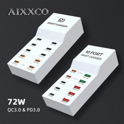 AIXXCO 72W 8 Ports PD QC3.0 USB C Fast Charger Type c Wall Adapter Super Fast Charging For Iphone Samsung Ipad Xiaomi