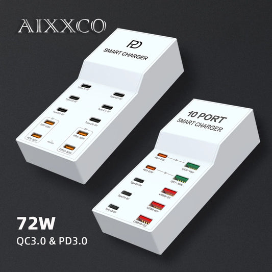 AIXXCO 72W 8 Ports PD QC3.0 USB C Fast Charger Type c Wall Adapter Super Fast Charging For Iphone Samsung Ipad Xiaomi