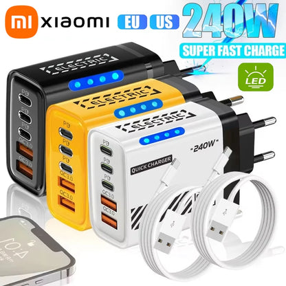 Xiaomi 240W 5 Ports Type-C USB Fast Charger EU US Plug Charger With LED Light Desktop Power Adapter For Iphone Samsung Huawei