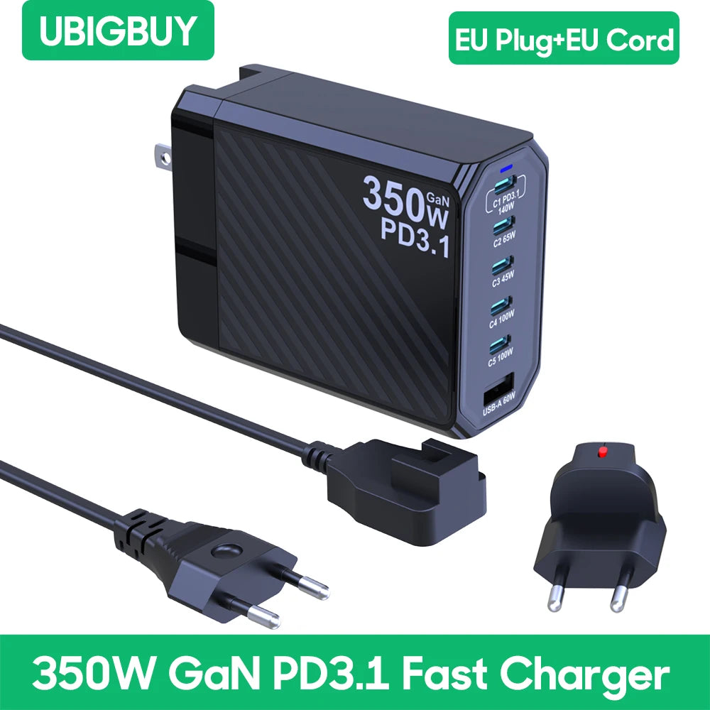 Ubigbuy 350W GaN Charger Fast Charger 140W PD3.1 QC PPS USB Phone Charging Station for MacBook Pro iPhone Samsung Laptop Tablet