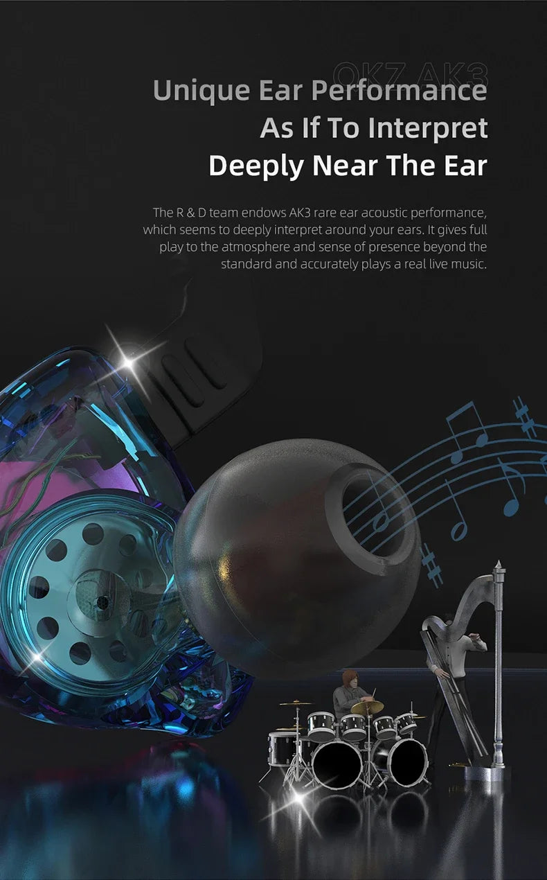 QKZ AK3 FiLe Wired Earphone with Microphone HiFi Music Monitor Bass Headphones Noise Cancelling Headset For Sport Gaming Earbuds - Universal Market