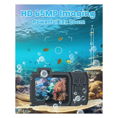 3CGRO-Waterproof Camera 4K 65MP Underwater Camera With 64G Card, For Snorkeling Autofocus Selfie Dual-Screen