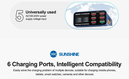 SUSNHINE SS-304Q 6-port Usb Digital Display Fast Charge QC3.0 Smart Fast Charge for Phone Tablet Watch Charging