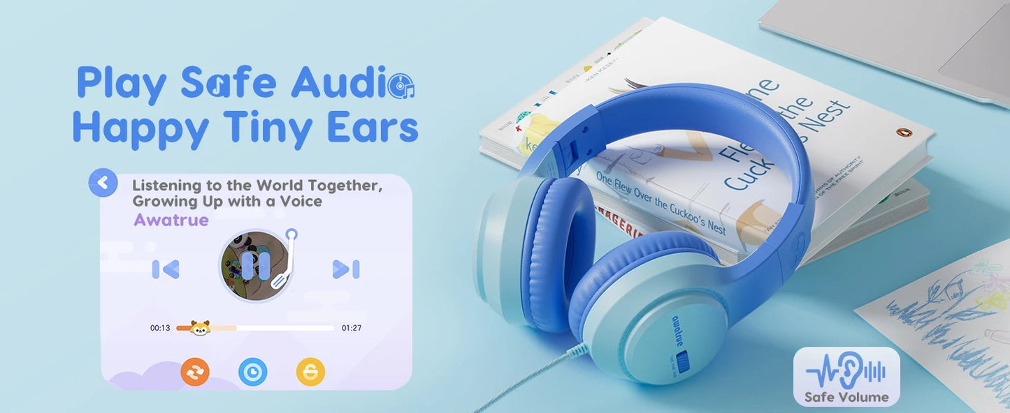 AWATRUE HK07 Kids Wired Headphones Stereo Sound Earphone with Mic Music Study Headset Limited Volume 74dB/85dB for Children - Universal Market