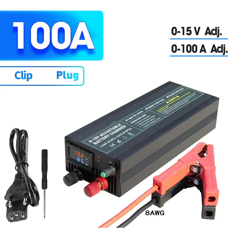 Lifepo4 Charger 12V 60A 100A Lithium Battery Charger 110V-240V Input 0-15V Adjustable Quick Fast Adapter for Lifepo4 Battery