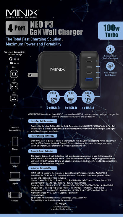 MINIX NEO P3 100W GaN USB Charger Travelling Charger with multi plugs EU/US/AU/UK  for Macbook ,For iPhone , For Samsung ,MI