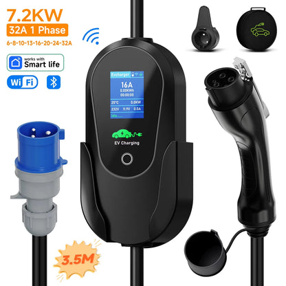 AFEEV Type2 IEC 62196-2 Portable EV Charger 7.2KW 32A Type1 SAEJ1772 Wallbox EVSE Fast Charging Cable WiFi APP Bluetooth Control