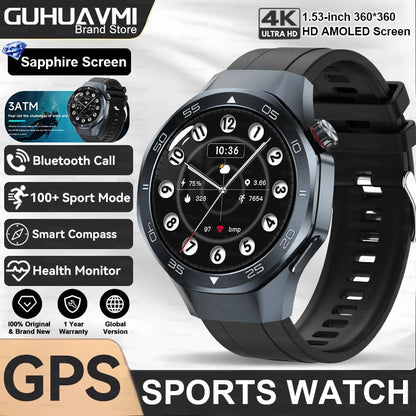 2025New Upgraded Outdoor Sport GPS Smart Watch Men 1.53" HD AMOLED Screen GPS track Heart Rate Bluetooth Call Compass SmartWatch