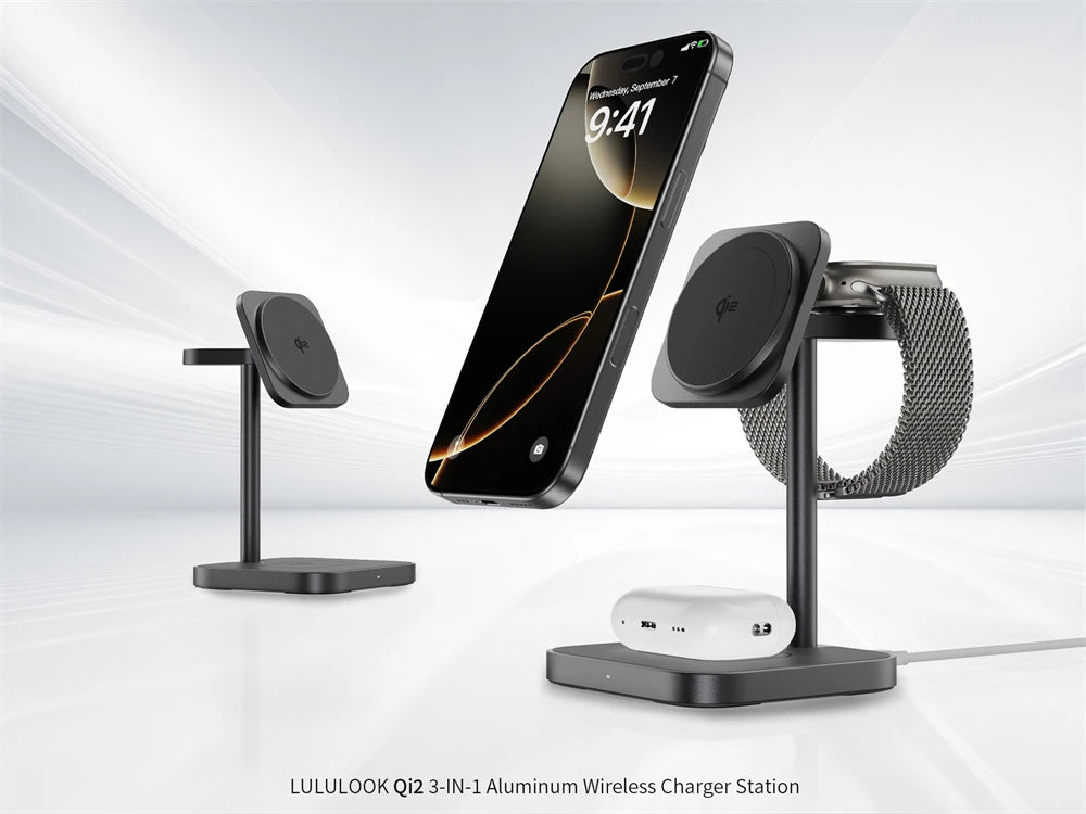 LULULOOK Qi2 3 in 1 Wireless Charging Station,Aluminum 15W Fast Mag-Safe Charger Stand for iPhone 17 16 15 14,5W for Apple Watch