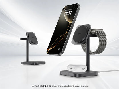 LULULOOK Qi2 3 in 1 Wireless Charging Station,Aluminum 15W Fast Mag-Safe Charger Stand for iPhone 17 16 15 14,5W for Apple Watch