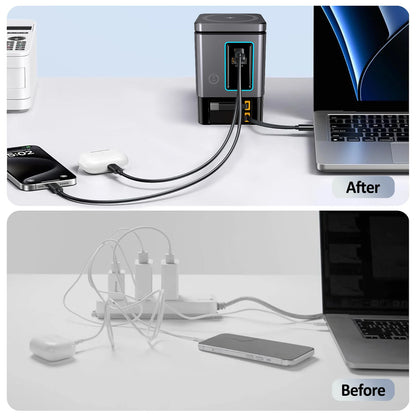 105W Dual Retractable Cable Multi-Port Desktop Charger 2-in-1 Wireless Charger C-Port Blind Plug 65W with LED Ambient Lights