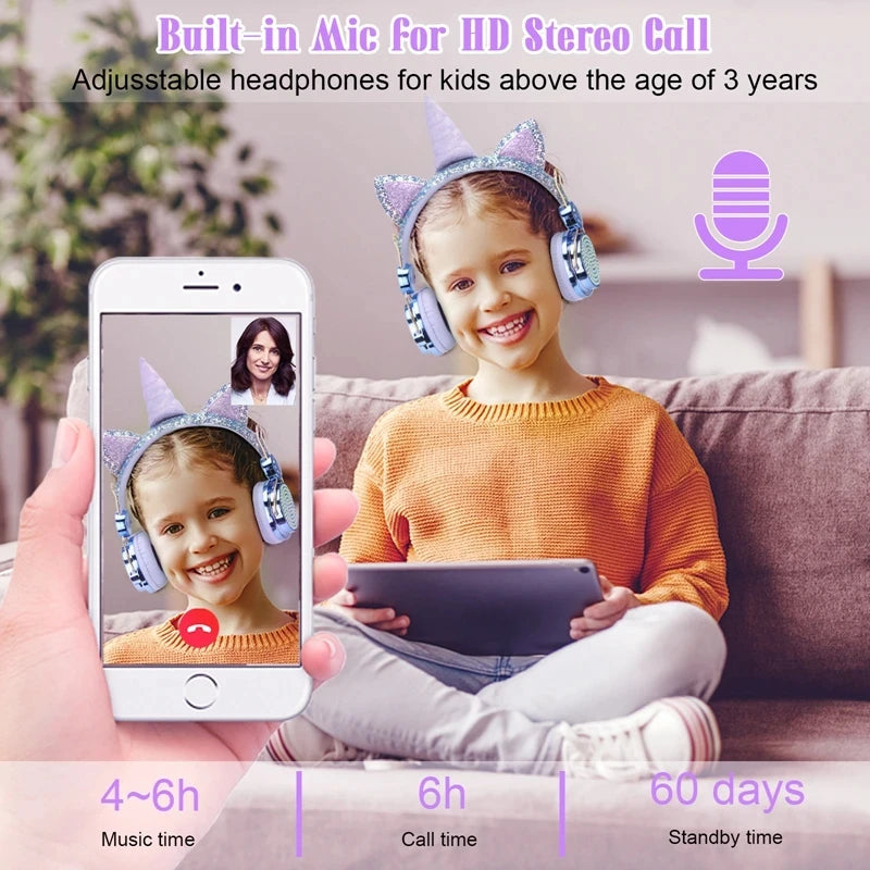 RGB Unicorn Kids Wireless Headphones With Mic Music Stereo Earphone Cute Unicorn Control RGB Light Headset Girls Kids Gift - Universal Market